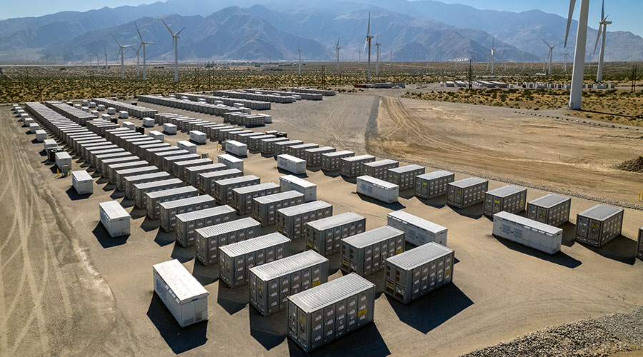 Battery storage array at power plant in the desert